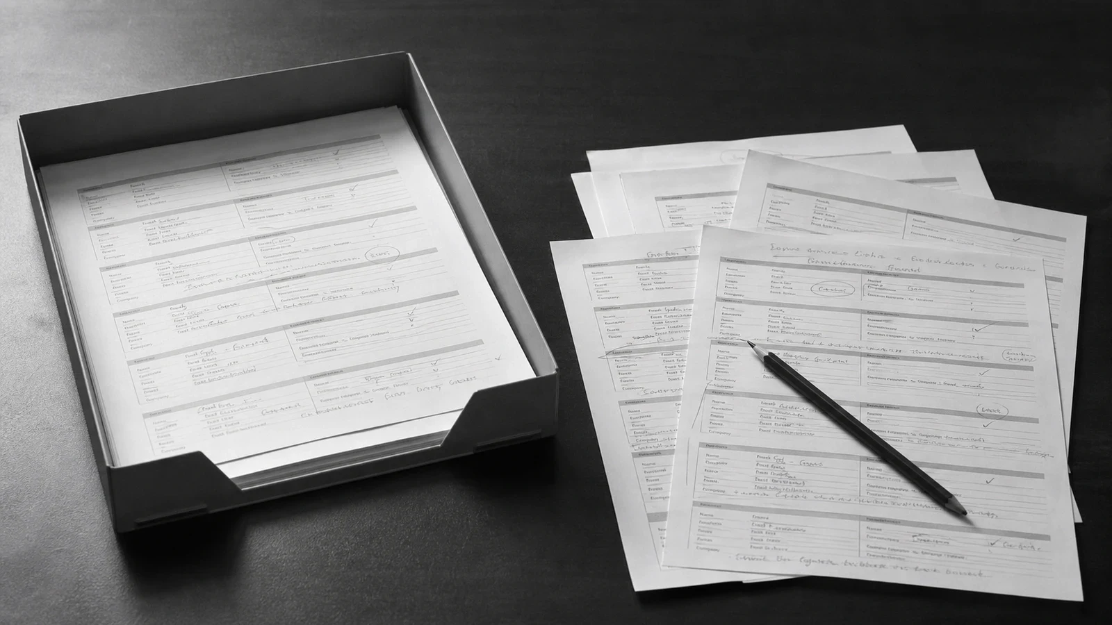 Bandeja con formularios impresos, subrayados y anotados para su cualificación