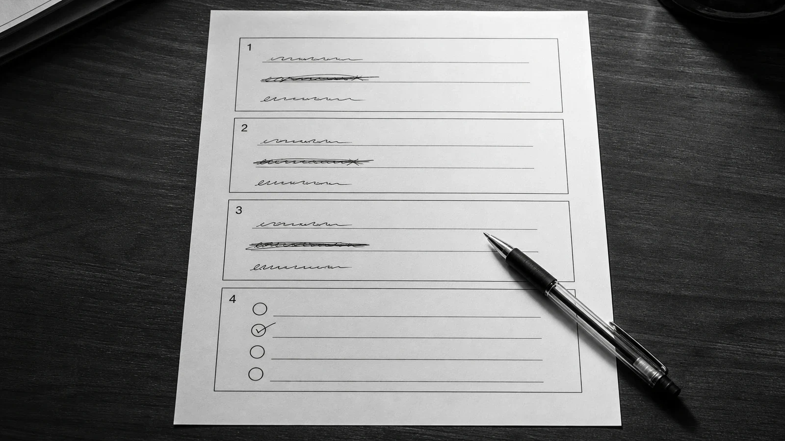 Formulario en papel con tres campos y una selección, rellenado a bolígrafo