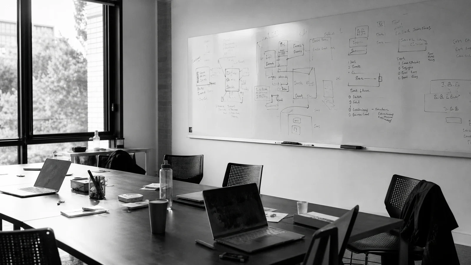 Aula de formación con portátiles abiertos y una pizarra a medio escribir