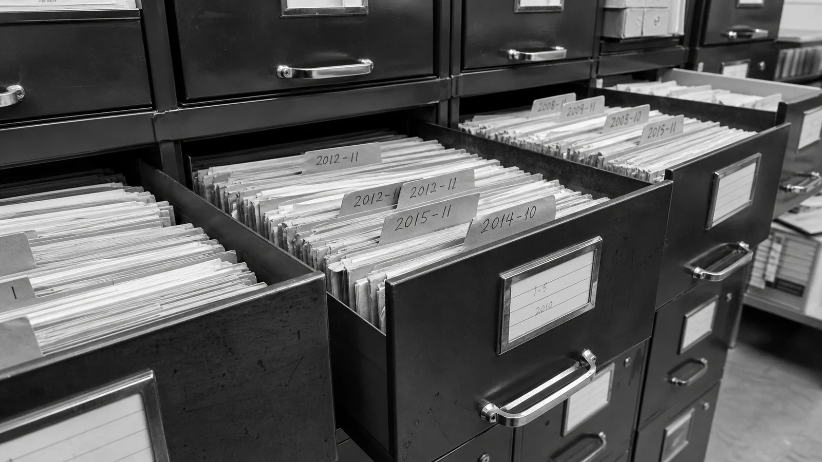 Archivadores abiertos con carpetas y documentos organizados por versiones
