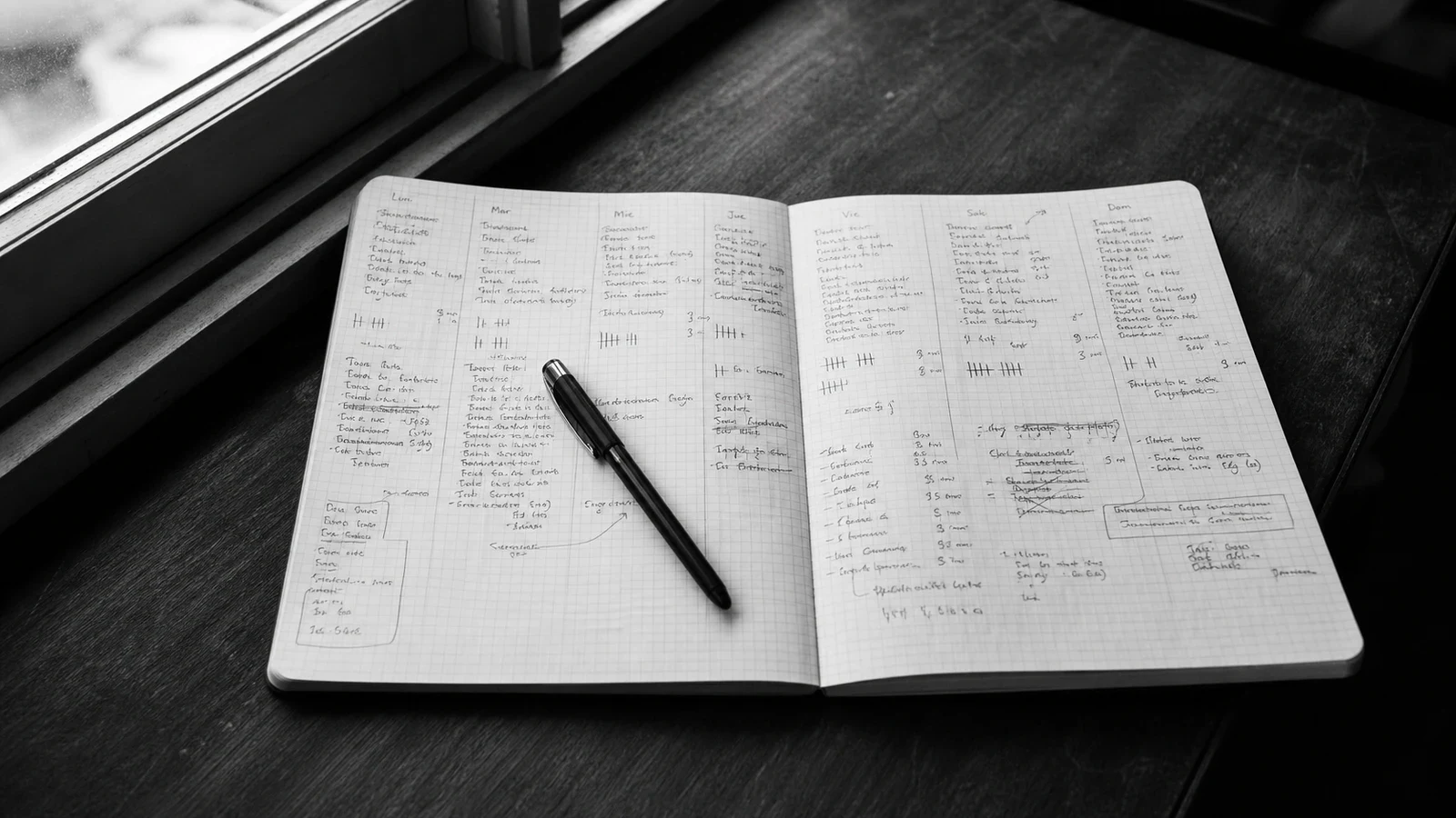 Cuaderno abierto con un inventario manuscrito de tareas y tiempos
