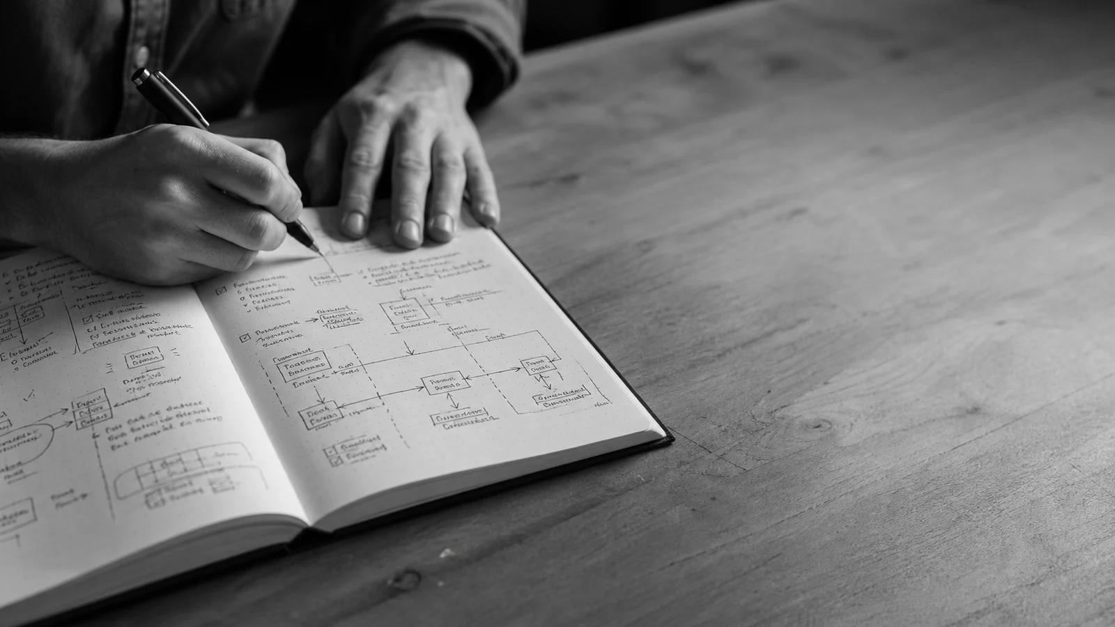 Manos anotando en un cuaderno el alcance y el flujo de un agente de IA